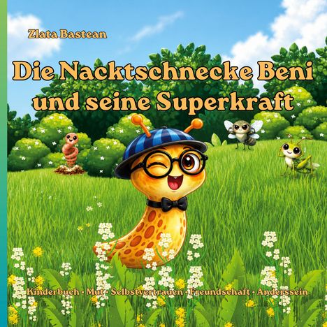 "Die Nacktschnecke Beni und seine Superkraft." Illustration einer Schnecke mit Brille und Hut, umgeben von Natur.