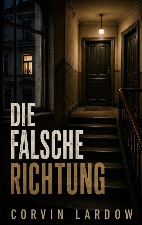 „DIE FALSCHE RICHTUNG“ und „CORVIN LARDOW“. Ein Treppenhaus mit dunkler Holztür, schwach beleuchtet.