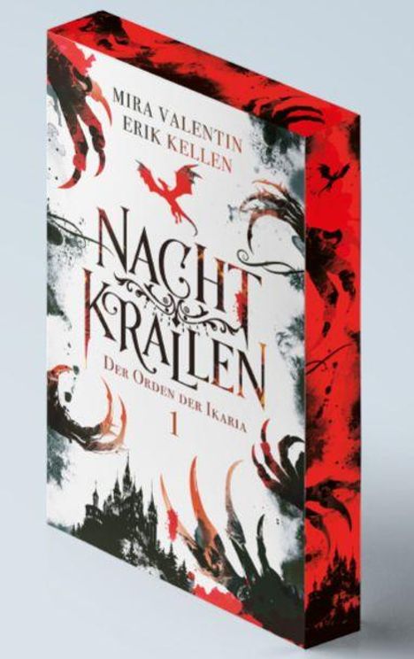 Text: "Mira Valentin, Erik Kellen, Nachtkrallen, Der Orden der Ikaria 1." Illustration mit roten und schwarzen Krallen.