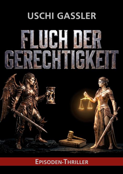 "USCHI GASSLER. FLUCH DER GERECHTIGKEIT. EPISODEN-THRILLER." Zwei Kriegerinnen, eine mit Sanduhr, die andere mit Waage.