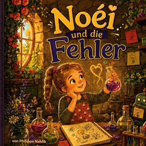 "Noéi und die Fehler" in großer Schrift. Ein Mädchen hält begeistert einen Kolben in einem gemütlichen, bunten Labor.
