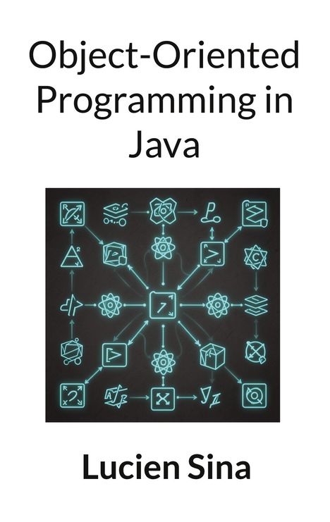 "Object-Oriented Programming in Java" oben, "Lucien Sina" unten, zentrale Illustration mit Java-Symbolen in der Mitte.