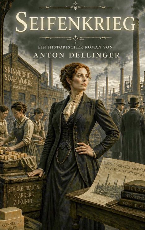 „Seifenkrieg. Ein historischer Roman von Anton Dellinger“. Frau in viktorianischer Kleidung, Fabrik im Hintergrund.