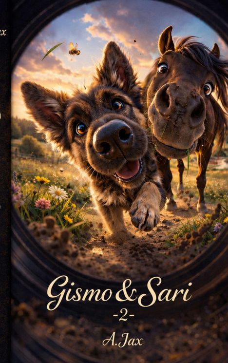 "Gismo & Sari 2 A. Jax" steht unter einem fröhlichen Hund und einem Pony in einer blühenden Wiese.