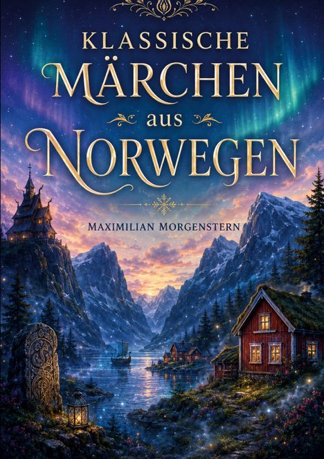 "KLASSISCHE MÄRCHEN aus NORWEGEN" oben; "MAXIMILIAN MORGENSTERN" darunter. Illustration: norwegische Landschaft mit Häusern.