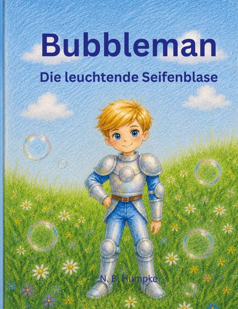 "Bubbleman: Die leuchtende Seifenblase" von N. B. Humpke. Junge in Ritterrüstung steht auf einer blühenden Wiese mit Seifenblasen.