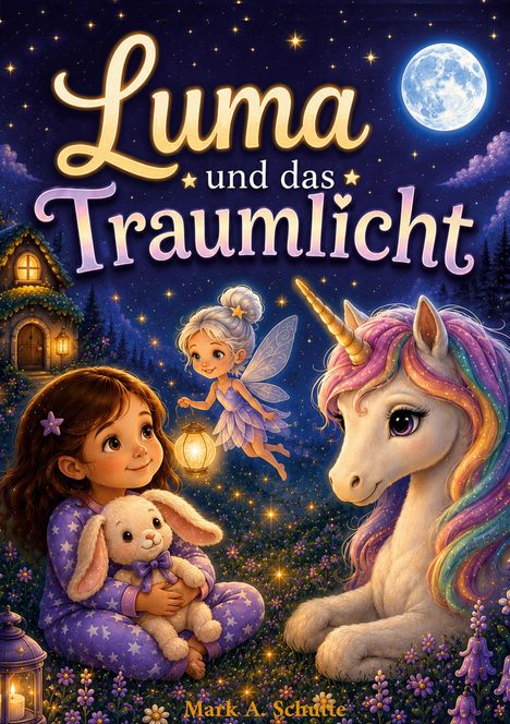 „Luma und das Traumlicht“ steht in großen Buchstaben. Eine Illustration zeigt ein Mädchen, eine Fee und ein Einhorn in einer Nachtlandschaft.