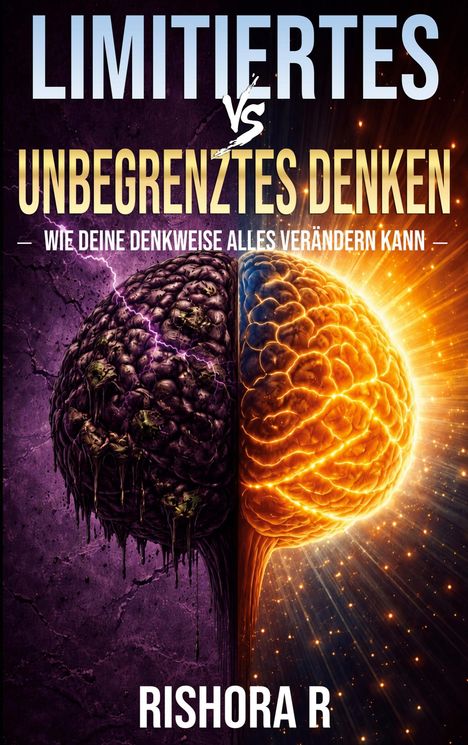 "LIMITIERTES vs UNBEGRENZTES DENKEN. WIE DEINE DENKWEISE ALLES VERÄNDERN KANN. Rishora R." Ein Buchcover.