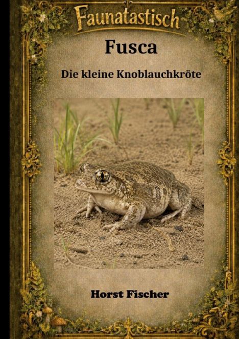 "Faunatastisch - Fusca, Die kleine Knoblauchkröte. Horst Fischer" mit goldener Verzierung und Krötenbild.