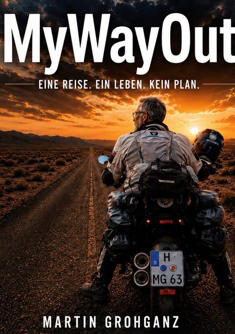 "MyWayOut. Eine Reise. Ein Leben. Kein Plan. Martin GrohGanz." Ein Motorradfahrer blickt auf eine offene Straße zum Sonnenuntergang.