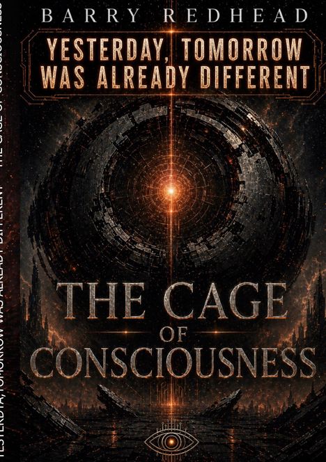 "Yesterday, Tomorrow Was Already Different. The Cage of Consciousness." Dunkler, futuristischer Hintergrund mit kreisförmigen Mustern.