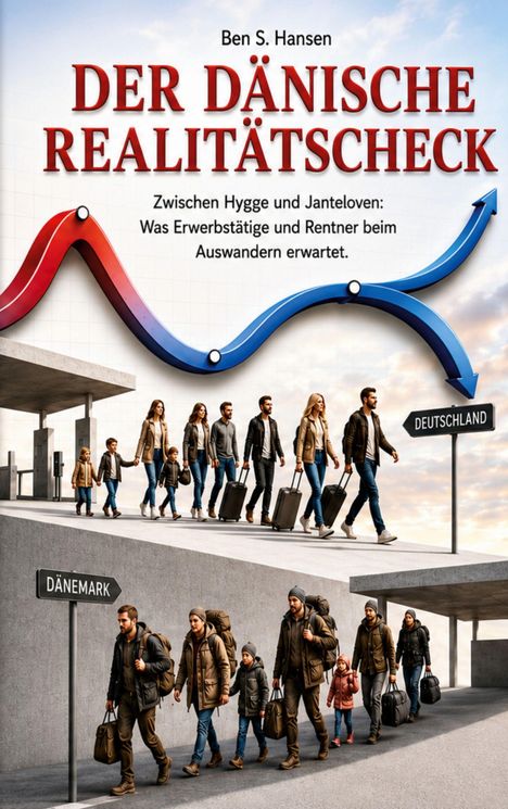 Text: "Ben S. Hansen. Der dänische Realitätscheck. Zwischen Hygge und Janteloven: Was Erwerbstätige und Rentner beim Auswandern erwartet." 
Illustration: Eine Familie mit Gepäck; zwei Pfeile zeigen von "Dänemark" nach "Deutschland".