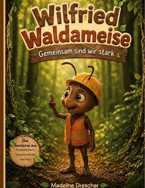 „Wilfried Waldameise: Gemeinsam sind wir stark“. Eine Ameise im Bauhelm in einem Wald. Unten steht „Madeline Drescher“.