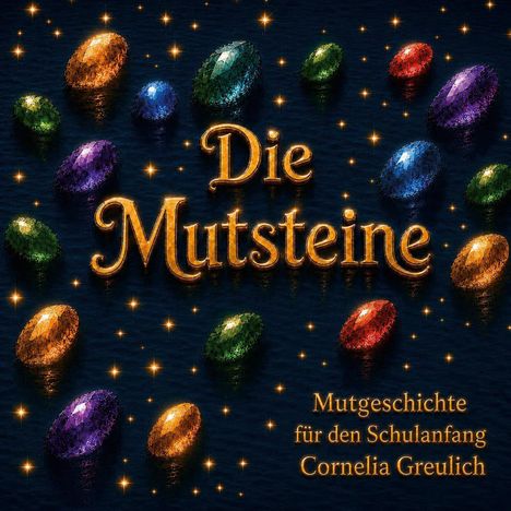 "Die Mutsteine, Mutgeschichte für den Schulanfang, Cornelia Greulich." Funkelnde, bunte Edelsteine vor dunklem Hintergrund.