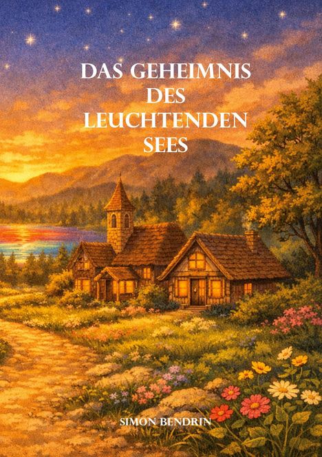 „DAS GEHEIMNIS DES LEUCHTENDEN SEES“ steht über einer idyllischen Hütte, umgeben von Blumen und einem See bei Sonnenuntergang.