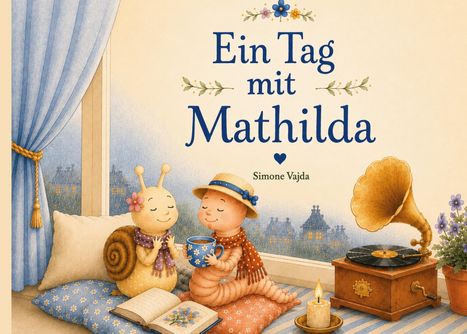 "Ein Tag mit Mathilda, Simone Vajda." Illustration: Schnecken auf Kissen, ein Grammophon, ein Buch und eine Kerze.