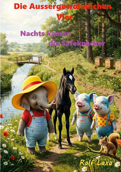 "Die Außergewöhnlichen Vier, Nachts kamen die Safeknacker." Illustration: Vier Tiere an einem Bach, darunter ein Elefant und zwei Ferkel.
