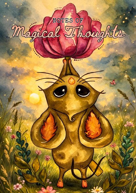 "NOTES OF Magical Thoughts" ist in geschwungener Schrift geschrieben. Eine Illustration zeigt eine Figur mit Blume auf dem Kopf.