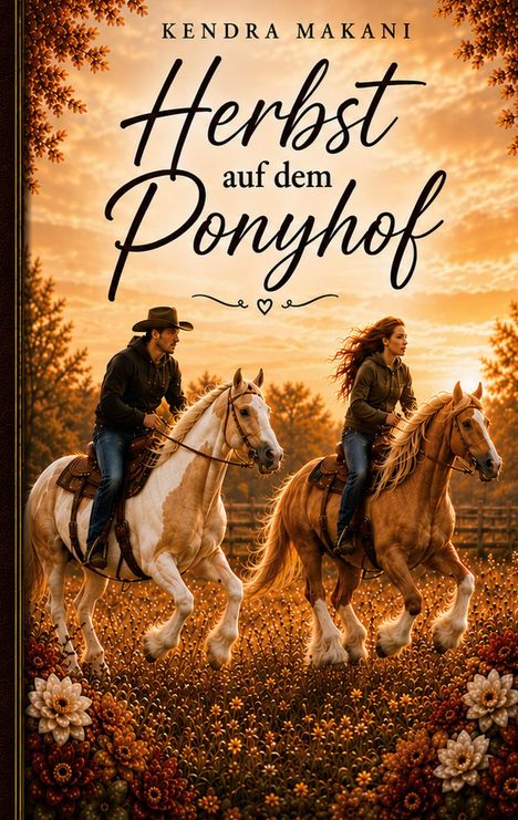 „Herbst auf dem Ponyhof“ von Kendra Makani. Zwei Reiter galoppieren auf Pferden, im Hintergrund herbstliche Landschaft.
