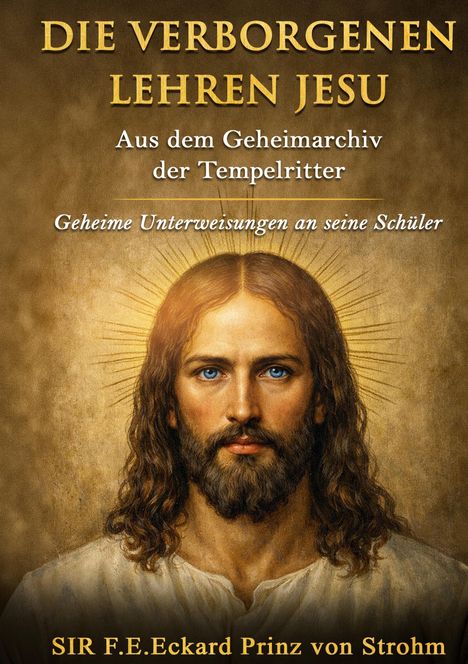 "Die verborgenen Lehren Jesu" aus Geheimarchiv, Autor: Sir F.E. Eckard Prinz von Strohm, Illustration von Jesus mit Heiligenschein.