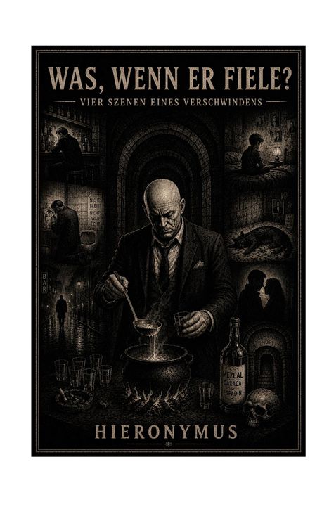 "Was, wenn er fiele? Vier Szenen eines Verschwindens. Hieronymus." Illustration eines Mannes, der Flüssigkeit in ein Glas gießt.