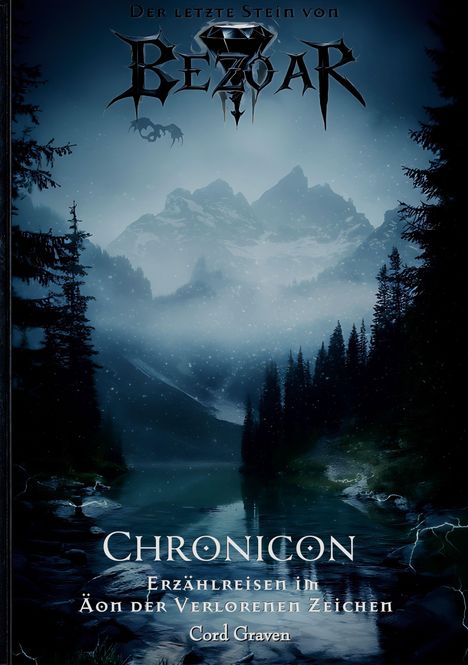 "Chronicon: Erzählreisen im Äon der Verlorenen Zeichen" von Cord Graven. Mystischer See, Tannen, Berge, Schneefall.