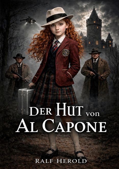Der Text "DER HUT von AL CAPONE" und "RALF HEROLD". Eine Illustration mit einem Mädchen im Anzug vor einem Schloss.