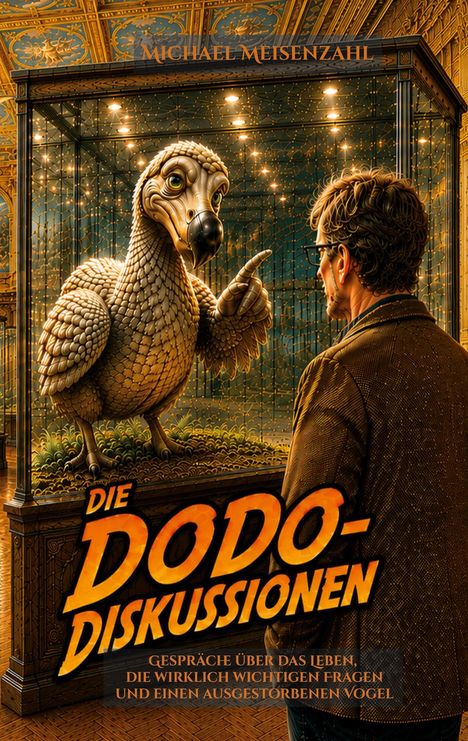 Titel: "Die Dodo-Diskussionen". Untertitel: "Gespräche über das Leben, die wirklich wichtigen Fragen und einen ausgestorbenen Vogel". Ein Mann betrachtet einen Dodo in einer Vitrine.