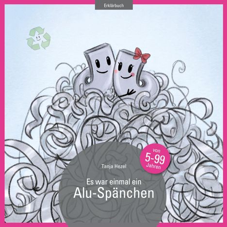 Titel: "Es war einmal ein Alu-Spänchen." Illustration zweier lächelnder Aluminium-Späne auf einem Haufen.