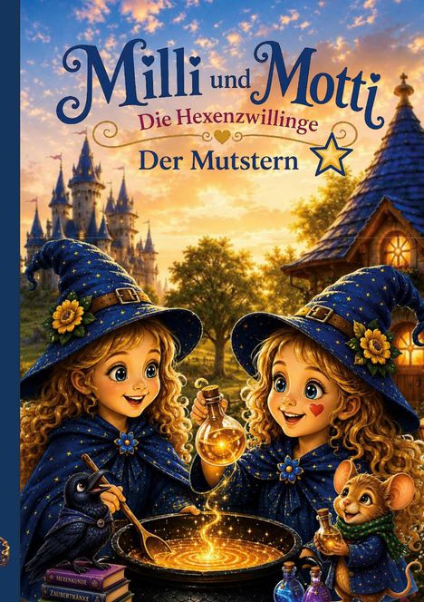 Covertext: "Milli und Motti: Die Hexenzwillinge - Der Mutstern". Zwei Mädchen in Zaubererkostümen mit magischen Tränken.