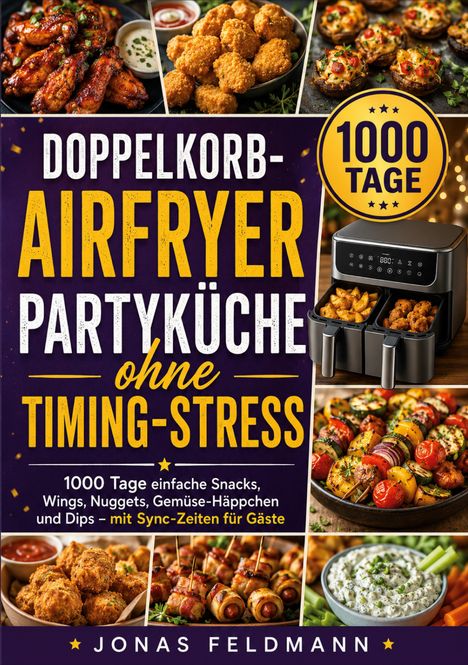 "Doppelfrittierer-Airfryer Partyküche ohne Timing-Stress" mit Bildern von Snacks und einem Airfryer.