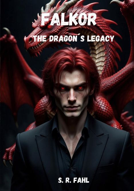 "Falkor: The Dragon’s Legacy" von S.R. Fahl. Illustration eines Mannes mit roten Augen und Drachen im Hintergrund.