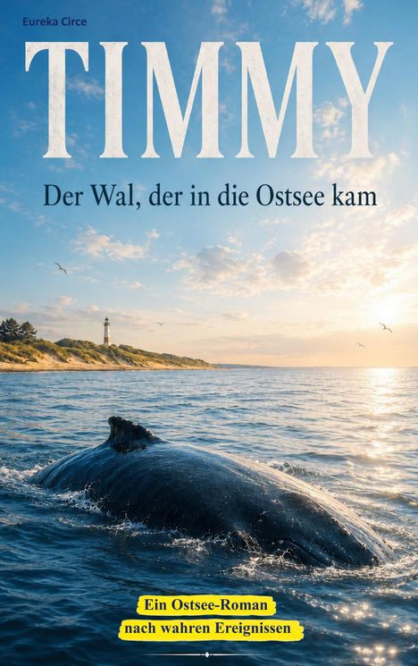Titel: "TIMMY Der Wal, der in die Ostsee kam." Ein Wal schwimmt im Meer, im Hintergrund ein Leuchtturm.