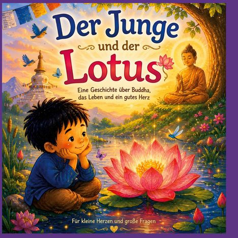 „Der Junge und der Lotus. Eine Geschichte über Buddha, das Leben und ein gutes Herz. Für kleine Herzen und große Fragen.“ Ein Junge sitzt verträumt am Wasser mit einer Lotusblume, Buddha im Hintergrund.