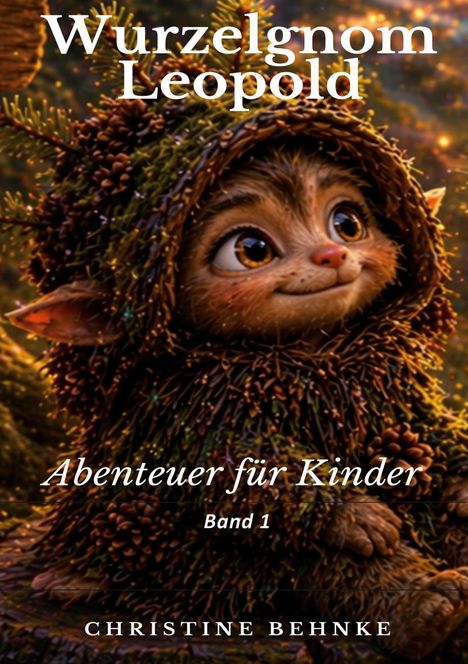 „Wurzelgnom Leopold“, „Abenteuer für Kinder“, „Band 1“, „CHRISTINE BEHNKE“. Illustration eines kleinen Gnomes im Wald.