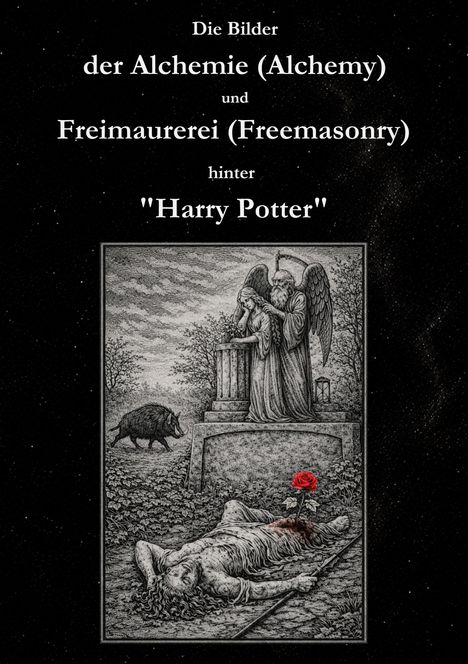Text: "Die Bilder der Alchemie und Freimaurerei hinter 'Harry Potter'". Illustration: Engel, Eber, liegende Figur mit Rose.