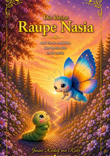 „Die kleine Raupe Nasia und wie sie entdeckte, dass bereits alles in ihr steckt.“ Schmetterling und Raupe in Waldlandschaft.