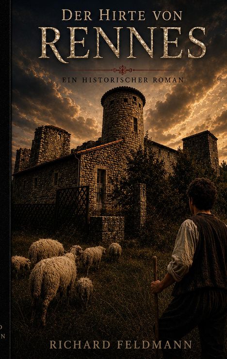 "Der Hirte von Rennes. Ein historischer Roman. Richard Feldmann." Ein Mann mit Schafen vor einem alten Steinturm.