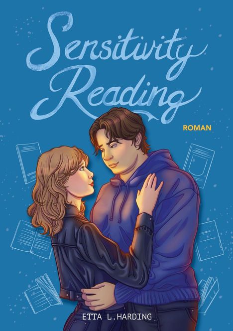 „Sensitivity Reading. Roman. Etta L. Harding.“ Illustration eines Paares, das sich zärtlich ansieht, mit fallenden Blättern.