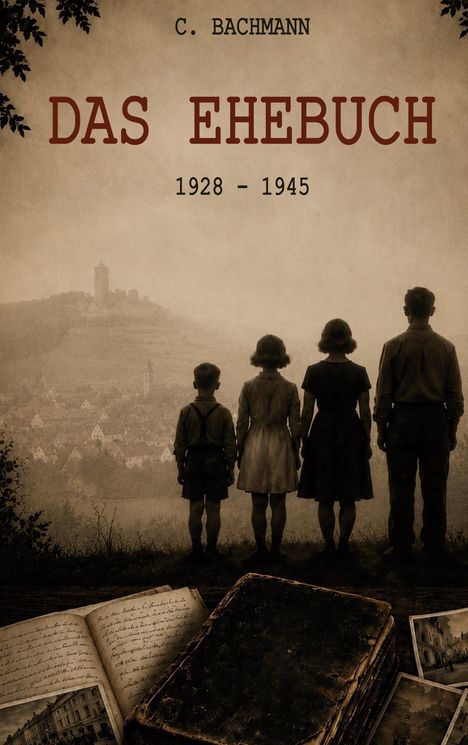 „Das Ehebuch 1928–1945“ von C. Bachmann; vier Personen sehen auf eine Stadt, davor ein geöffneter Notizbuchstapel.