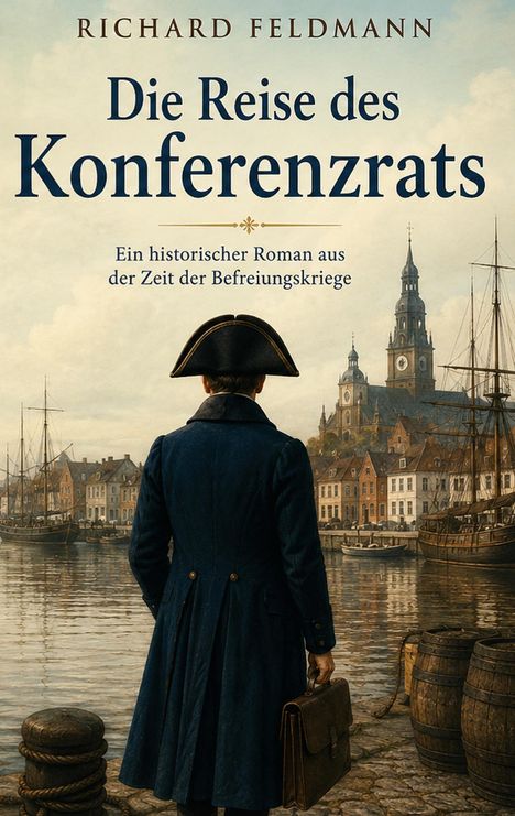 Buchtitel: "Die Reise des Konferenzrats" von Richard Feldmann. Ein Mann in historischer Kleidung steht an einem Hafen.