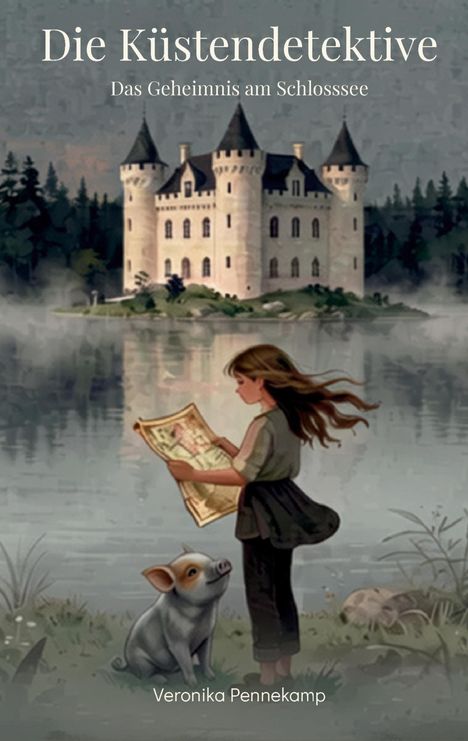 "Die Küstendetektive: Das Geheimnis am Schlosssee" über einer Illustration eines Mädchens mit Karte und einem Schwein vor einem Schloss.