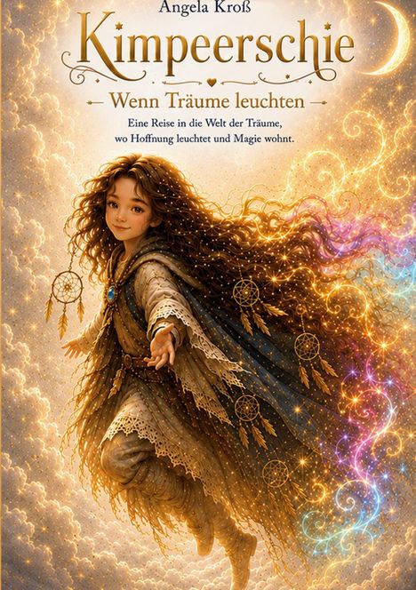 Text: Angela Kroß - Kimpeerschie: Wenn Träume leuchten. Eine Reise in die Welt der Träume, wo Hoffnung leuchtet und Magie wohnt.
Illustration eines Mädchens in mittelalterlicher Kleidung, umgeben von Wolken und glänzendem, magischem Licht.