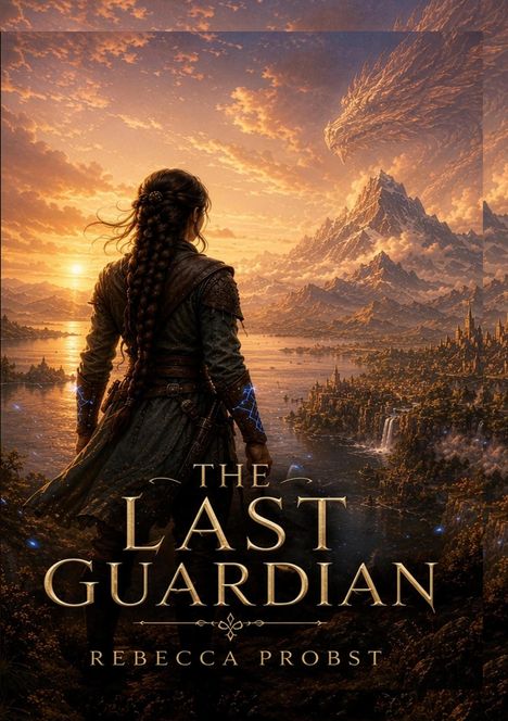 "THE LAST GUARDIAN" von Rebecca Probst. Eine Person mit geflochtenem Haar blickt auf eine Landschaft mit Drachen und Berg.