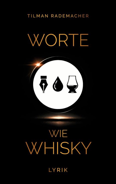 "TILMAN RADEMACHER, WORTE WIE WHISKY, LYRIK." Oben. In der Mitte ein weißes Logo mit Feder, Tropfen, Glas. Schwarzer Hintergrund.