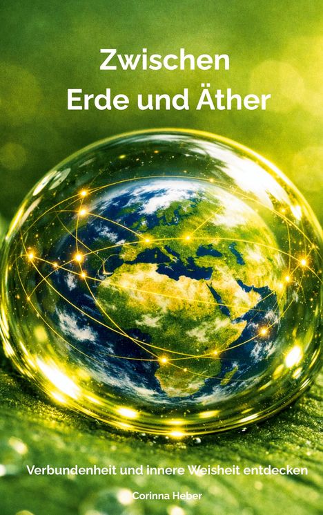 „Zwischen Erde und Äther“ zeigt eine leuchtende Erdkugel in einem gläsernen Globus auf grünem Hintergrund.