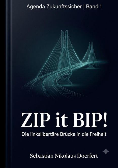 "Agenda Zukunftssicher | Band 1. ZIP it BIP! Die linkslibertäre Brücke in die Freiheit. Sebastian Nikolaus Doerfert." Illustration einer futuristischen Brücke.