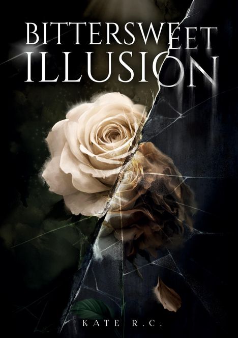 "BITTERSWEET ILLUSION" und "KATE R. C." Ein Gemälde einer Blume, halb lebendig, halb verwelkt hinter gebrochenem Glas.