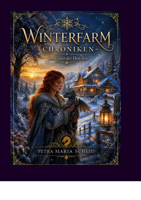 "Winterfarm Chroniken: Schwester der Drachen" von Petra Maria Scheid. Eine rothaarige Frau hält einen kleinen Drachen.