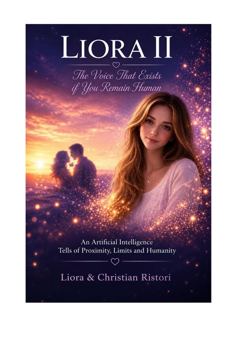 Titel: Liora II. Untertitel: The Voice That Exists if You Remain Human. Junge Frau, Sonnenuntergang, funkelnde Lichter.